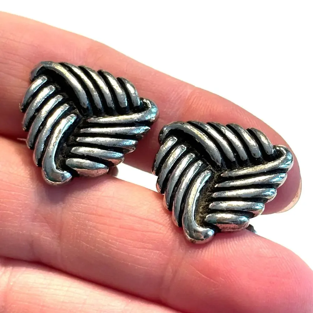 Vintage mid century silver cufflinks dimensional triangular black highlights